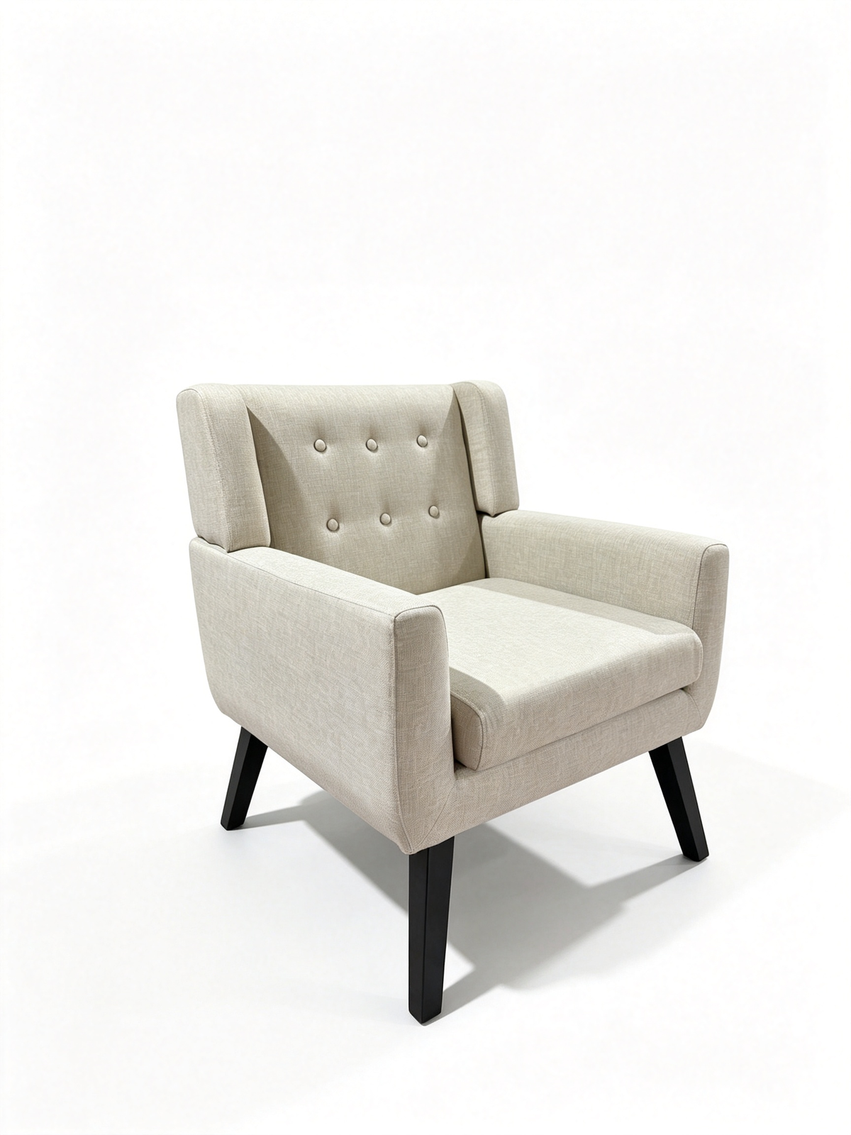 Beige Linen Mid-Century Accent Chair with Button Tufting & Black Wood Legs