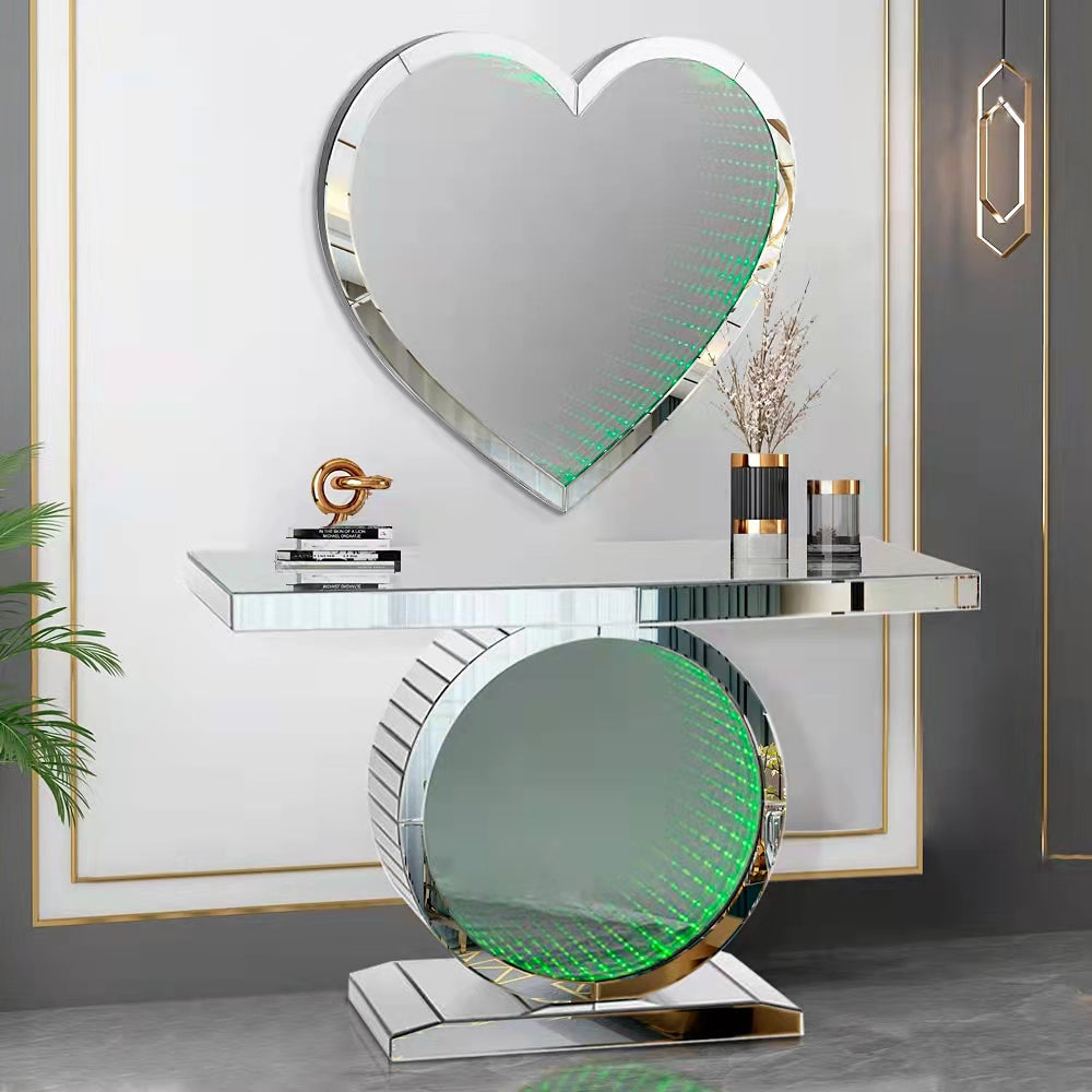 2 Piece Modern Console Table and Heart-Shaped Mirror Set with LED Accents