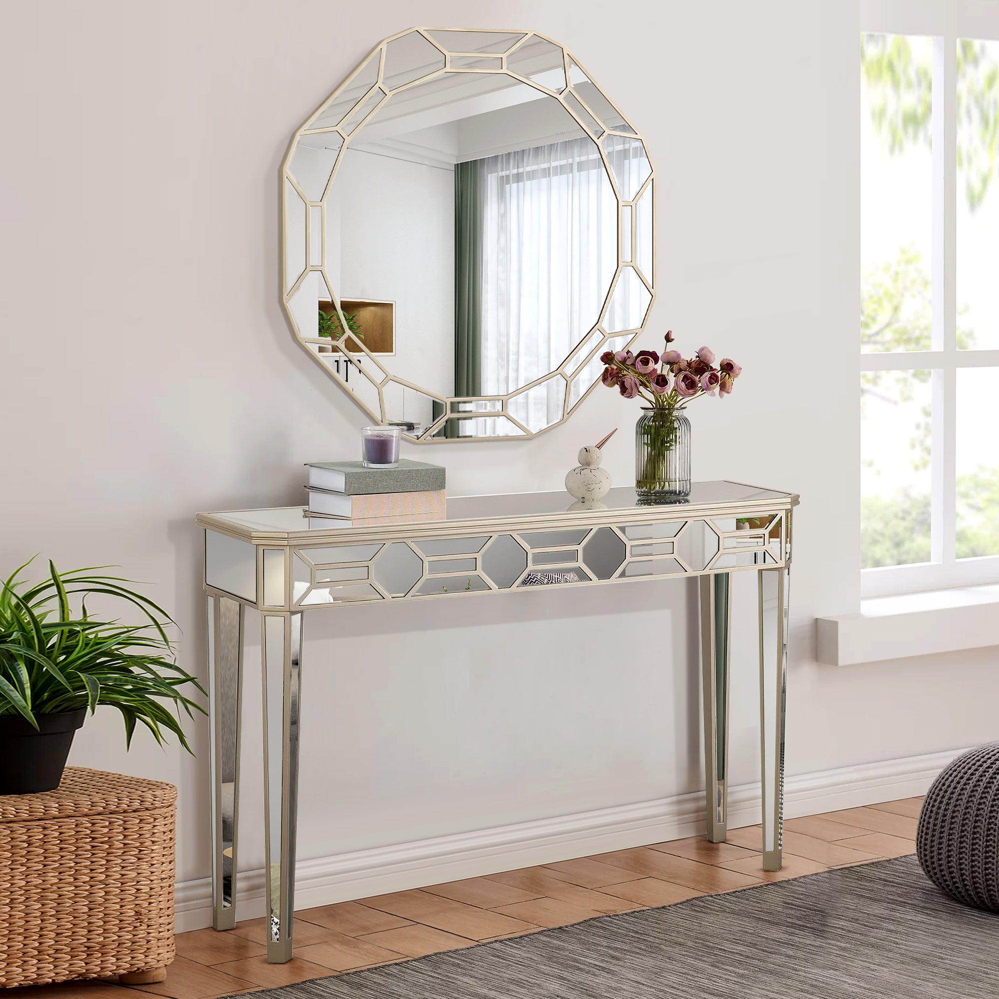 2 Piece Console Table and Mirror Set with Geometric Mirror Accents