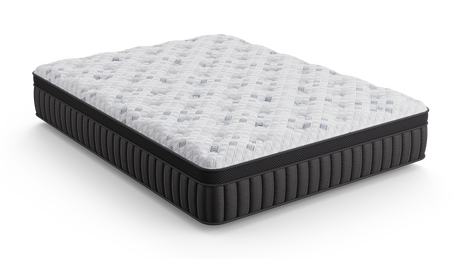 A high-profile mattress with a white quilted top and a black ribbed side, shown at a three-quarter angle on a solid white background.