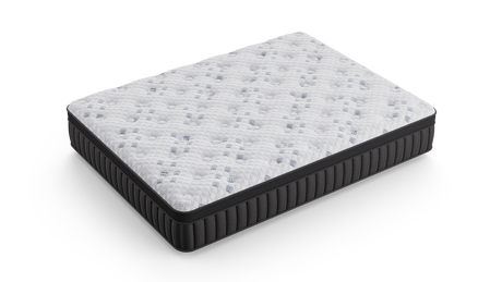 A mattress shown at an angle on a clean white background, featuring a white quilted top with a subtle blue-gray dotted pattern and a black ribbed side border.