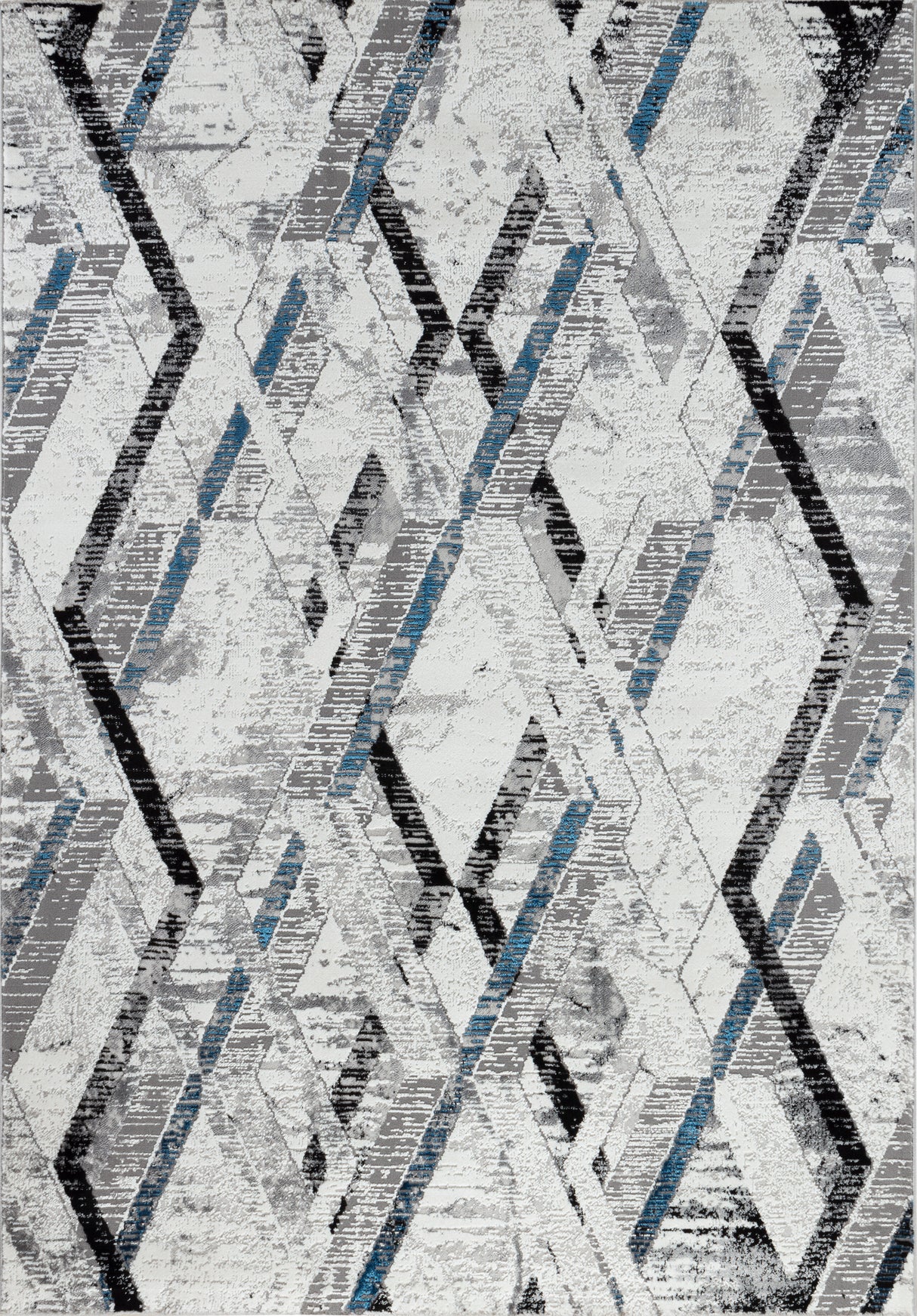 Geometric patterned rug with black, blue, and gray colors on a white background