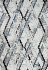 Geometric patterned rug with black, blue, and gray colors on a white background