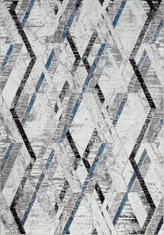 Geometric patterned rug with black, blue, and gray colors on a white background