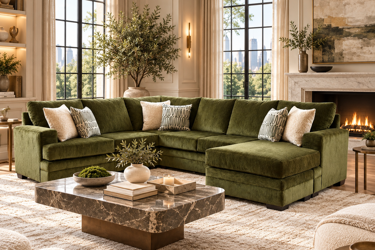 Olive Green 3-Piece Sectional Sofa with Chaise, Track Arms & Accent Pillows