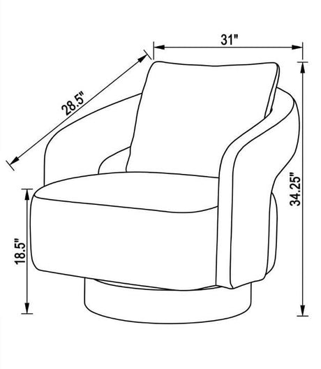 Black and white line drawing of an armchair with dimension arrows and measurements for width, height, and depth.