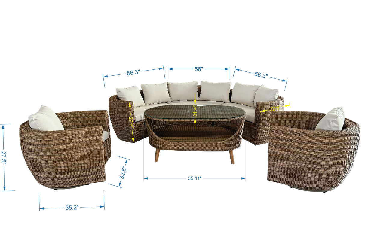 6-Piece Outdoor Wicker Conversation Set with Curved Sofa, Swivel Chairs & Coffee Table
