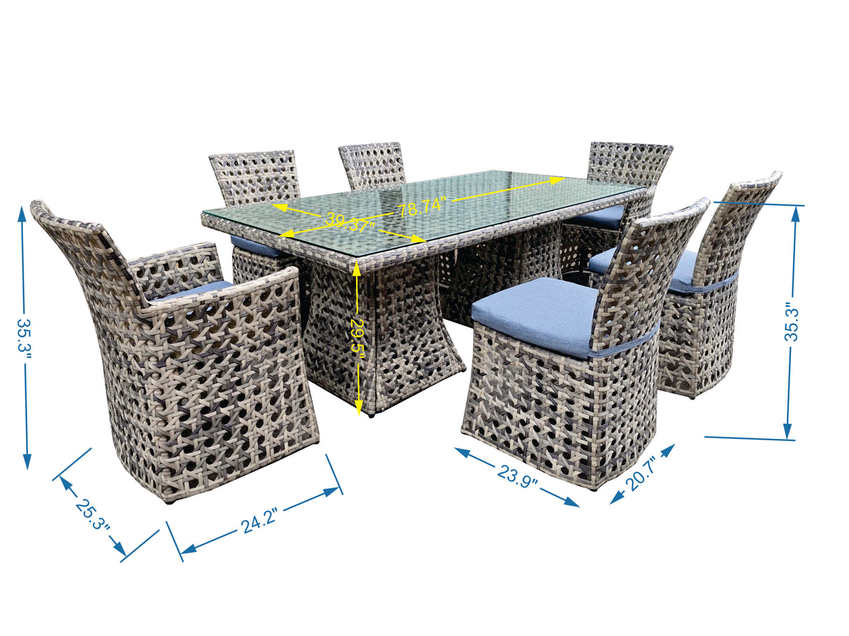 Outdoor furniture set with table and chairs, including measurements on a white background