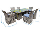 Outdoor furniture set with table and chairs, including measurements on a white background
