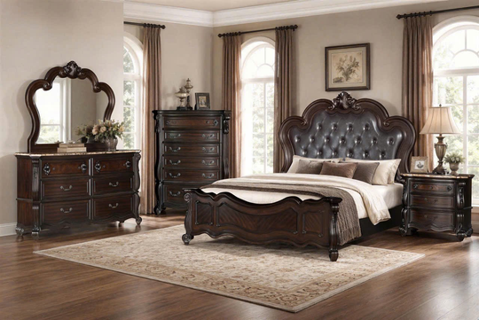 Cherry Old World European 6-Piece Bedroom Set with Ornate Carved Details