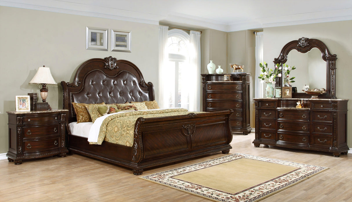 Traditional Bedroom Set in Dark Cherry with Tufted PU Headboard and Marble Tops