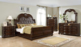 Traditional Bedroom Set in Dark Cherry with Tufted PU Headboard and Marble Tops