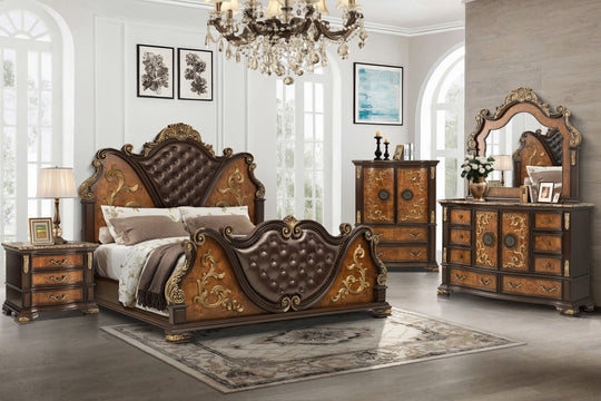Aquilina Cherry/Oak 6-Piece Bedroom Set with Marble Tops & Gold Scrollwork
