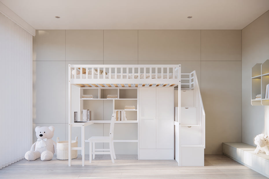 Twin Size Loft Bed with Integrated Desk, Bookshelf, Wardrobe, and Chair