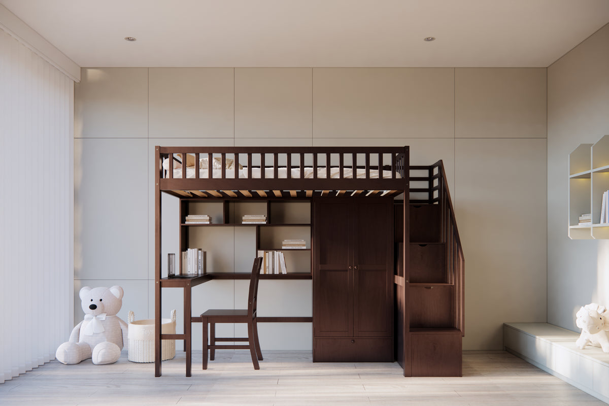 Twin Size Loft Bed with Integrated Desk, Bookshelf, Wardrobe, and Chair by Mollai Collections | Bel Furniture