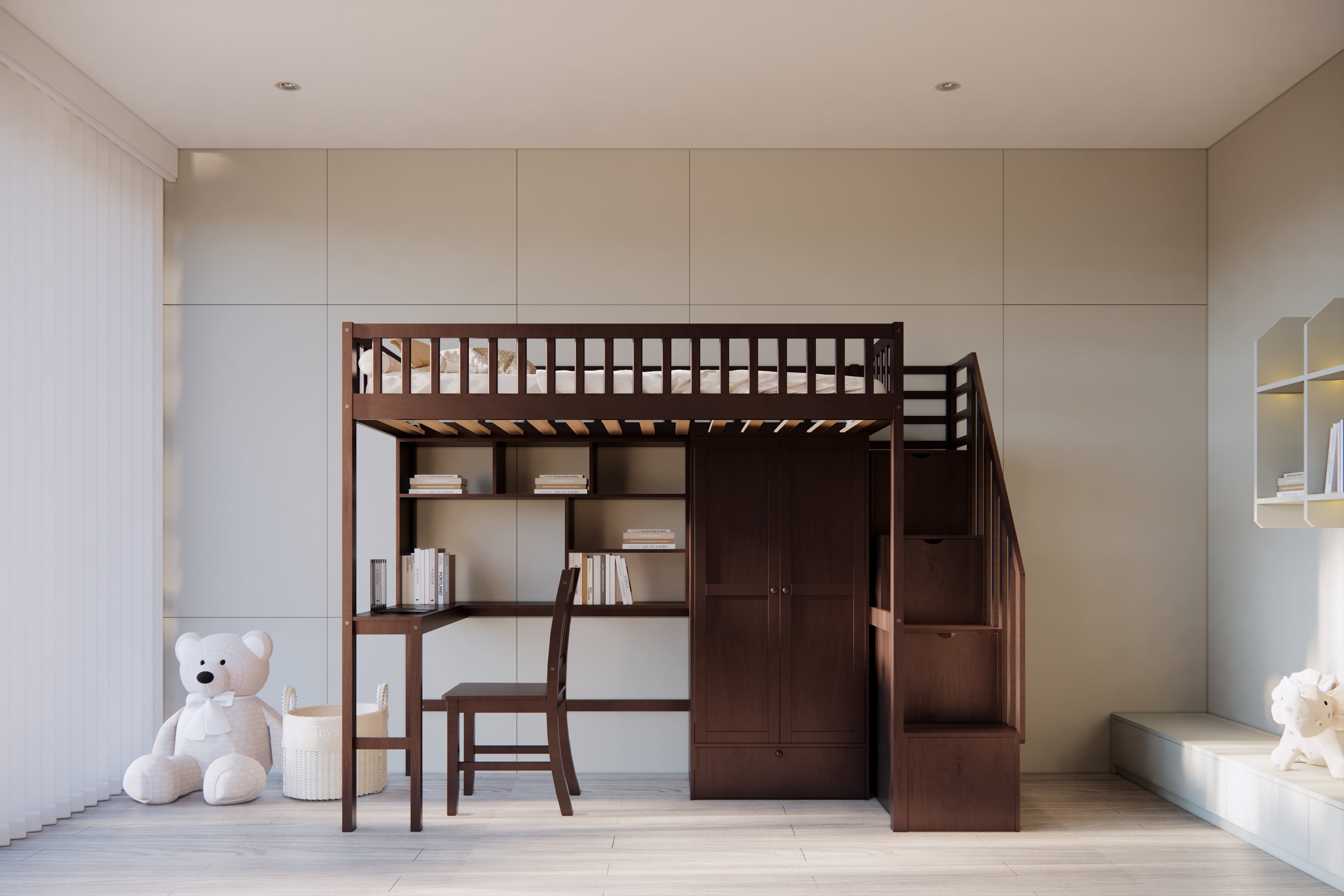 Twin Size Loft Bed with Integrated Desk, Bookshelf, Wardrobe, and Chair