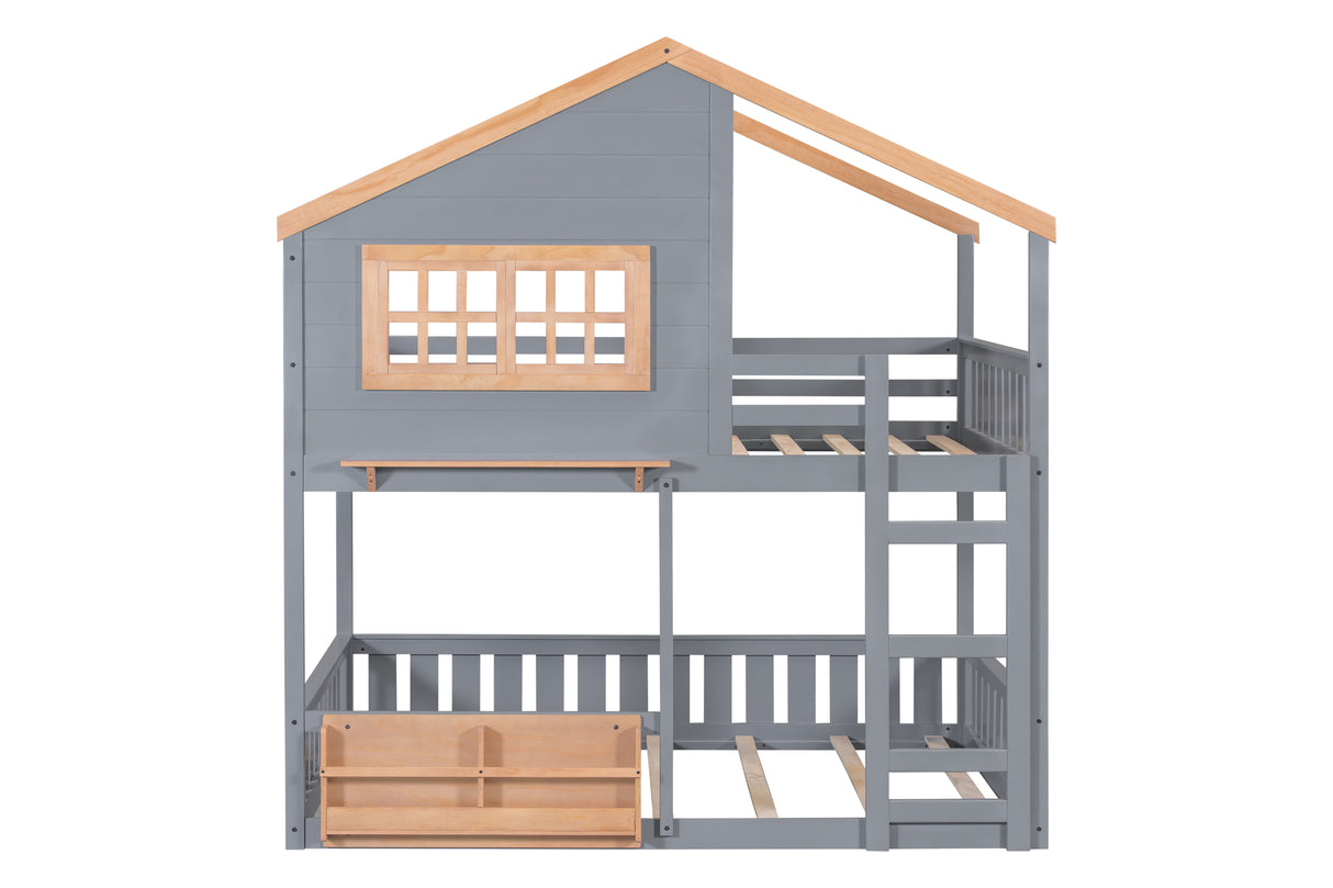 Modern Farmhouse House-Frame Full-over-Full Bunk Bed with Ladder, Guard Rails & Built-In Shelf (Gray)