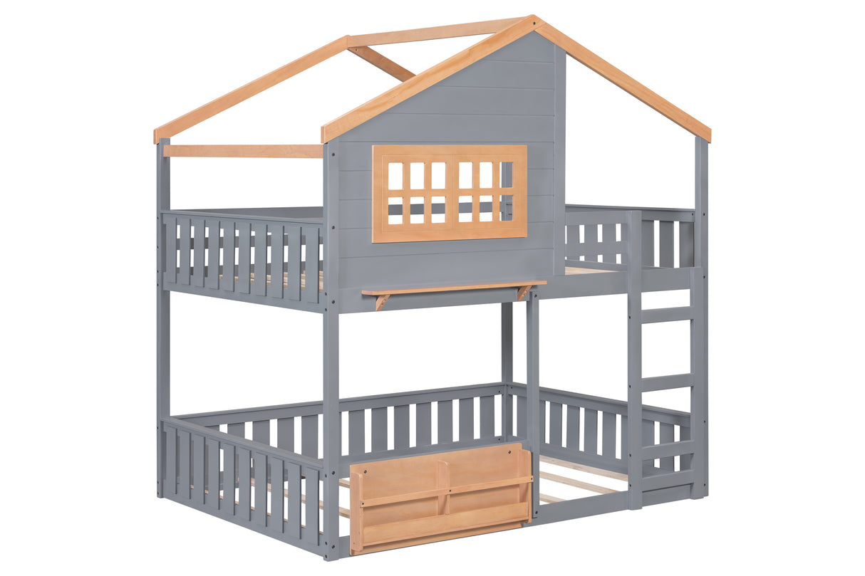 Modern Farmhouse House-Frame Full-over-Full Bunk Bed with Ladder, Guard Rails & Built-In Shelf (Gray)