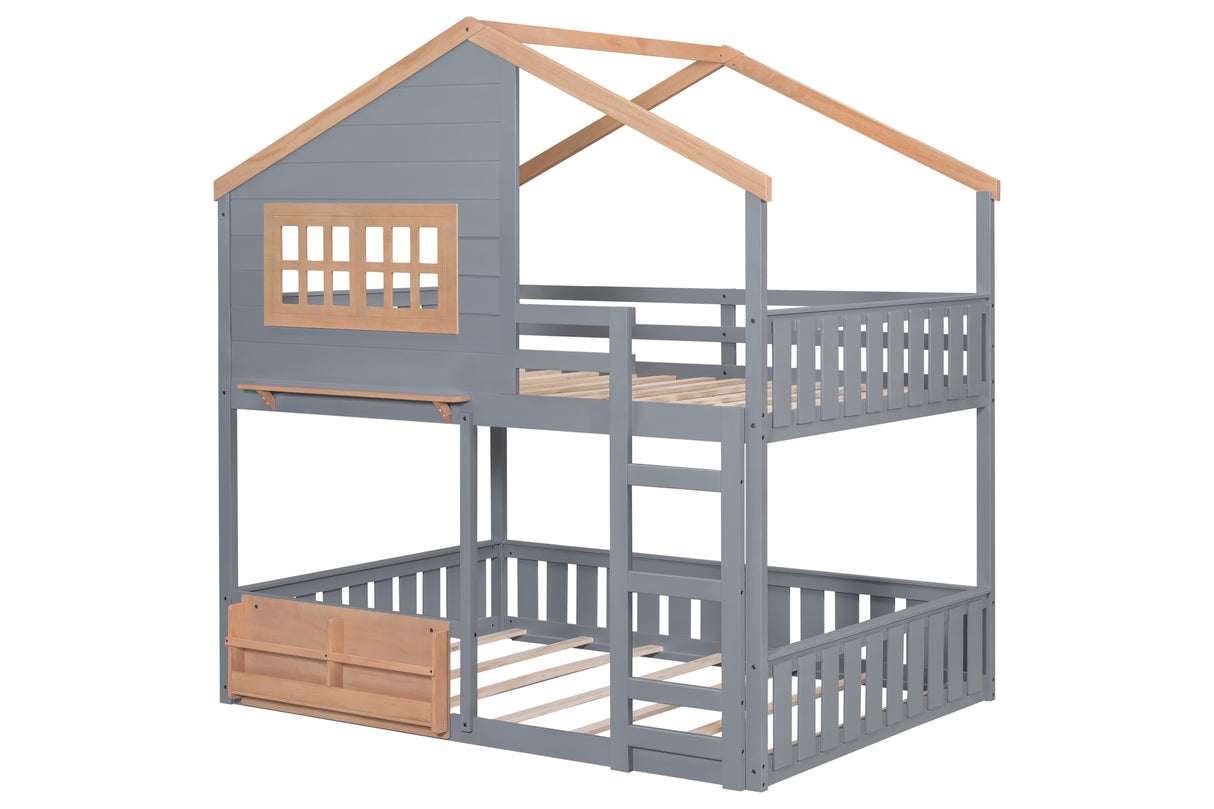 Modern Farmhouse House-Frame Full-over-Full Bunk Bed with Ladder, Guard Rails & Built-In Shelf (Gray)