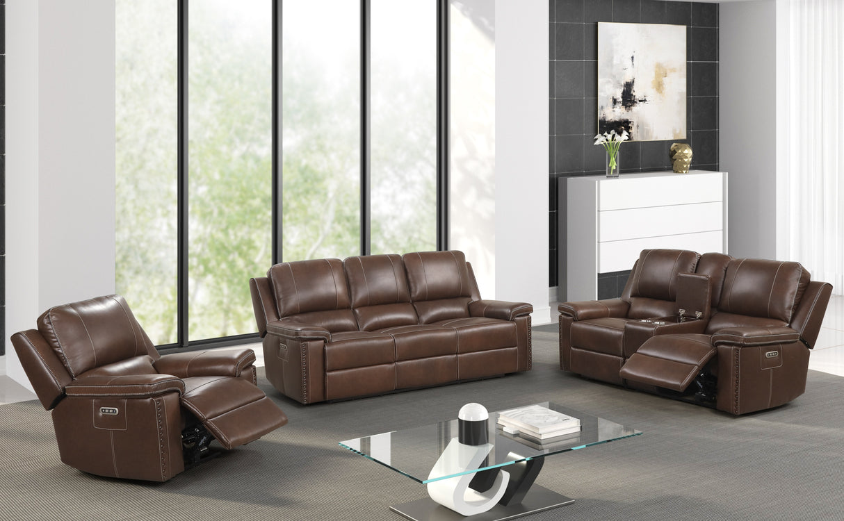 Chestnut Top Grain Leather Contemporary 3-Piece Dual Power Reclining Living Room Set with Console
