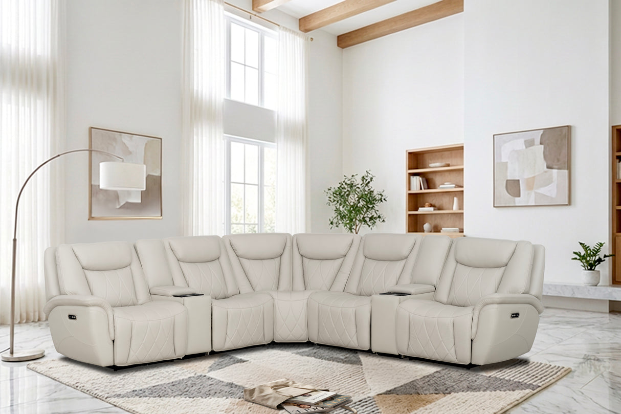 Light Gray 7-Piece Top Grain Leather Dual-Power Reclining Sectional with Wireless Charging