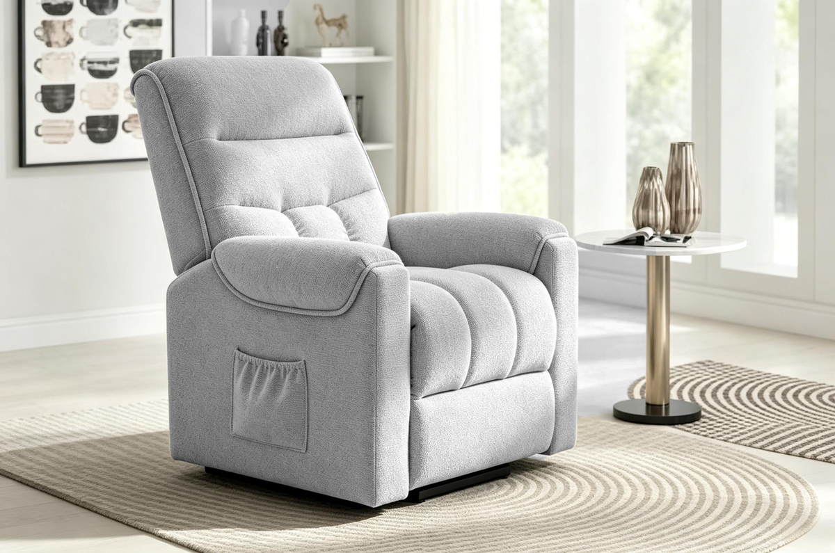 Light Gray Chenille Power Lift Recliner with Remote Control & Side Storage Pocket