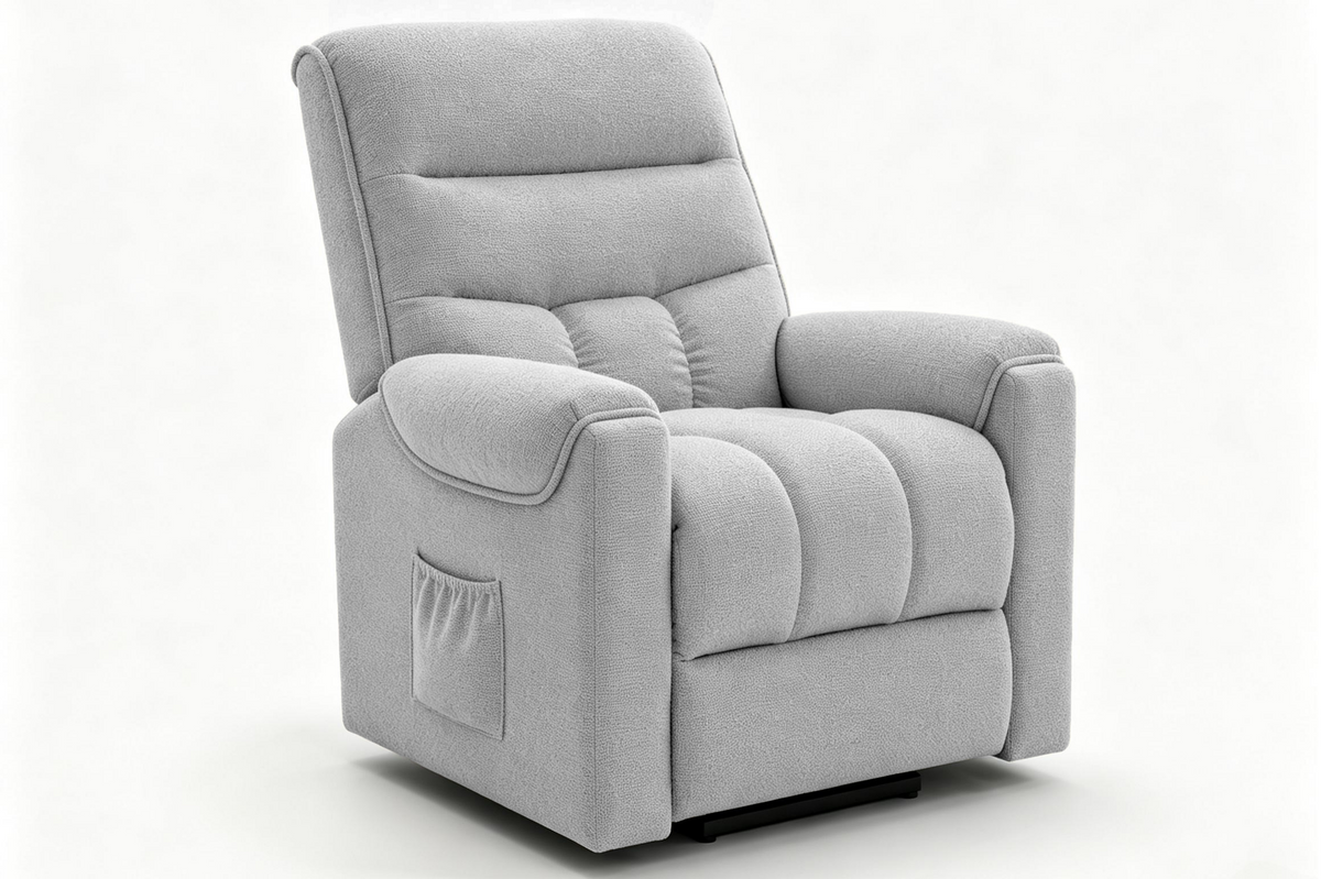 Light Gray Chenille Power Lift Recliner with Remote Control & Side Storage Pocket