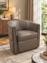 Taupe Brown Faux Leather Swivel Barrel Accent Chair with Brass-Tone Nailhead Trim