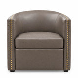 Taupe Brown Faux Leather Swivel Barrel Accent Chair with Brass-Tone Nailhead Trim