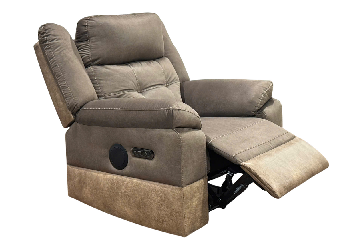 Gray recliner chair with power button on a white background