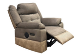Gray recliner chair with power button on a white background