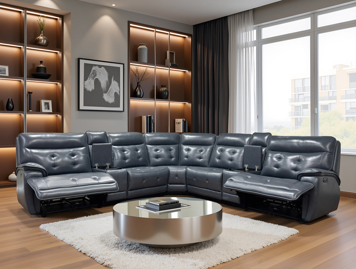 Jade Leather Power Reclining Sectional Sofa with Power Headrest, USB & Wireless Charger