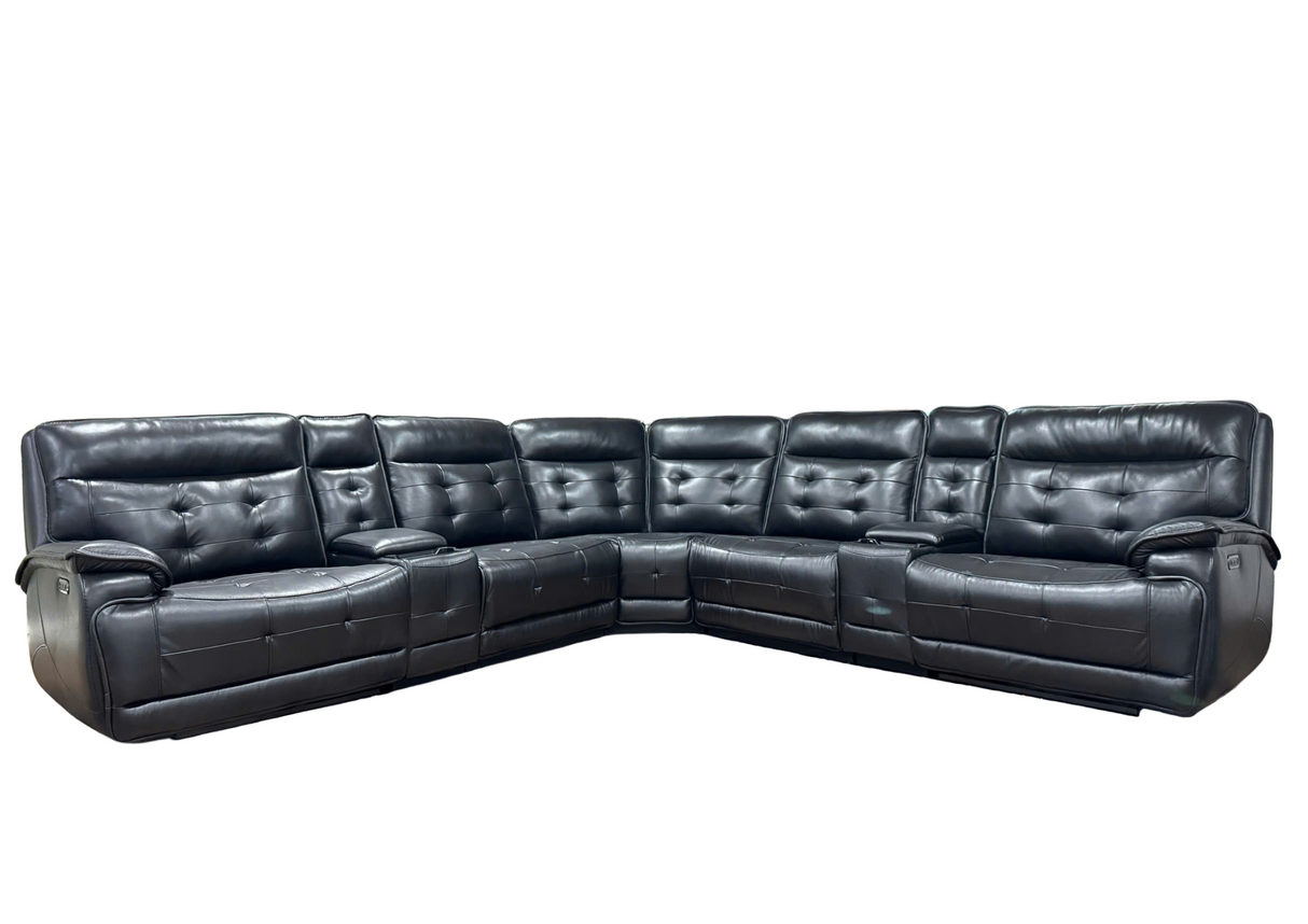 Black Leather Power Reclining Sectional Sofa with Console, USB & Wireless Charger