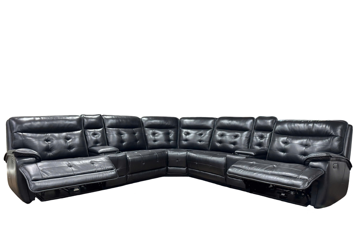 Black Leather Power Reclining Sectional Sofa with 2 Consoles, USB & Wireless Charger
