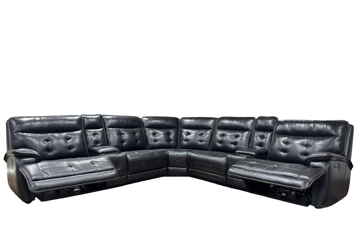 Black Leather Power Reclining Sectional Sofa with Console, USB & Wireless Charger