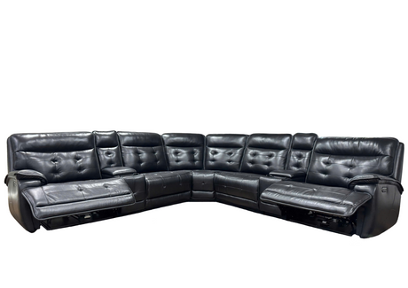 Black Leather Power Reclining Sectional Sofa with Console, USB & Wireless Charger