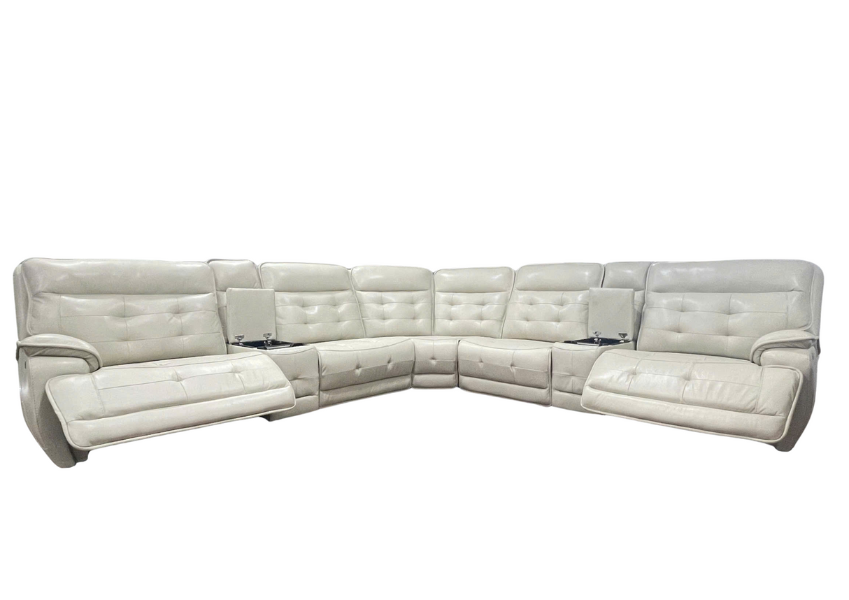 Beige Real Leather Power Reclining Sectional Sofa with Wireless Charging & USB Ports