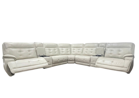 Beige Real Leather Power Reclining Sectional Sofa with Wireless Charging & USB Ports