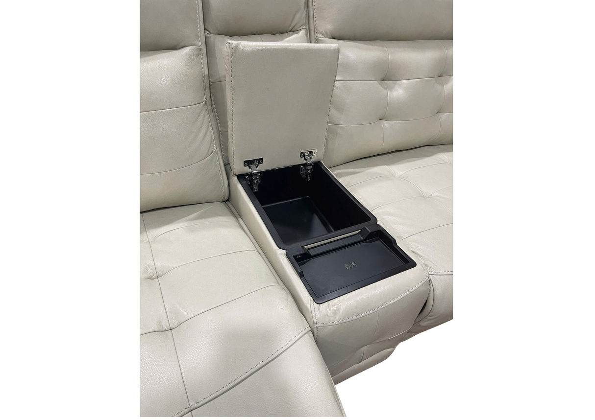 Beige Real Leather Power Reclining Sectional Sofa with Wireless Charging & USB Ports