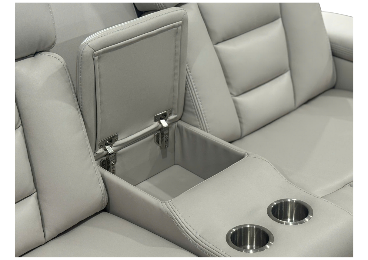 Contemporary Ivory Power Reclining 3-Piece Living Room Set with USB charging, Cupholders & Storage Console