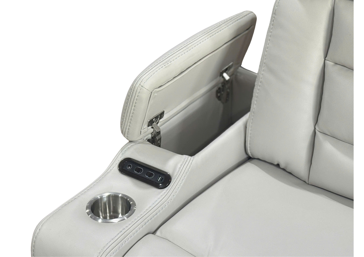 White leather car seat with cup holder and USB ports on a white background