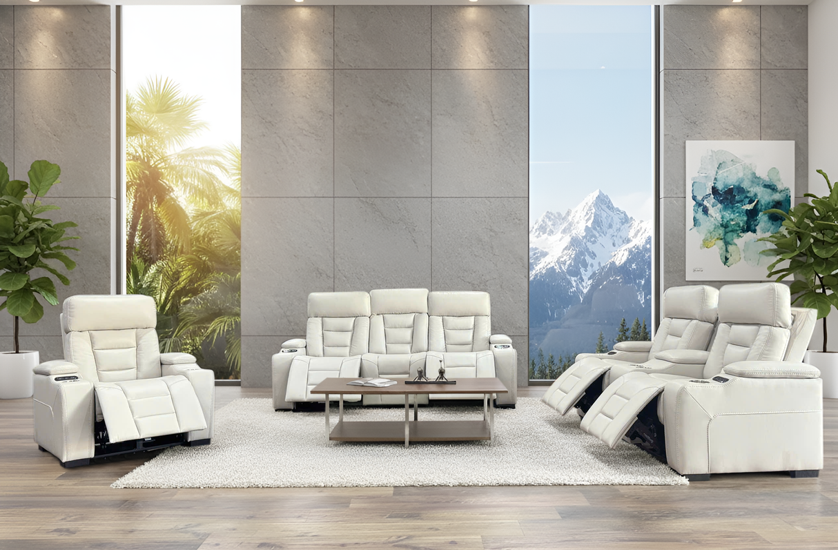 Contemporary Ivory Power Reclining 3-Piece Living Room Set with USB charging, Cupholders & Storage Console