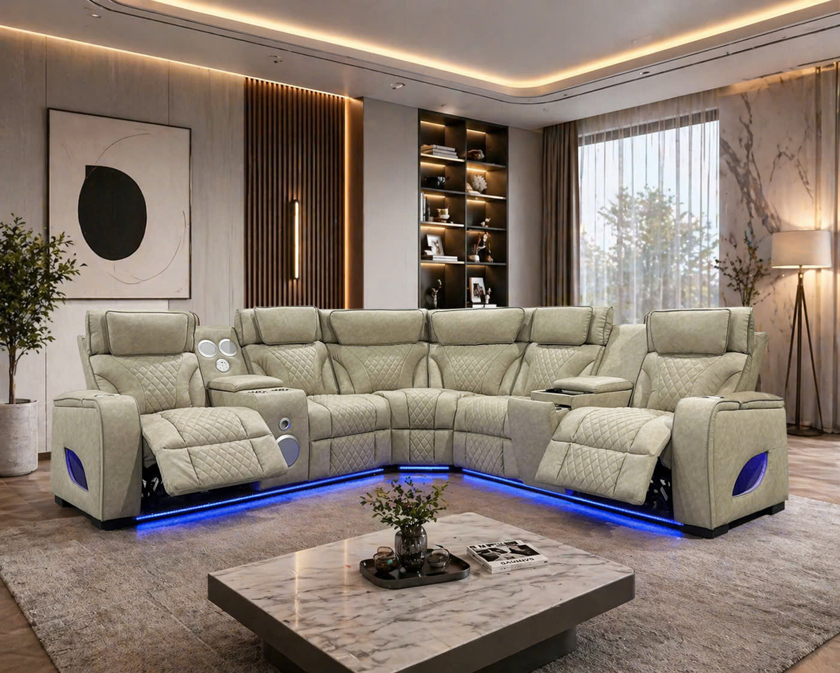 3-Piece Beige Power Reclining Sectional with Power Headrest, LED, Speakers & Wireless Charging