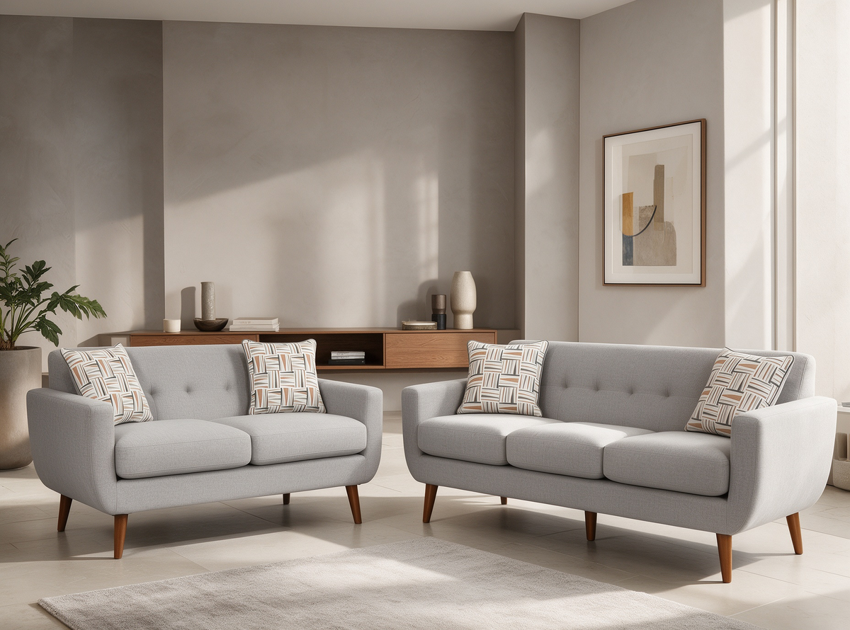 Gray 2-Piece Sofa & Loveseat Set with Tufted Backs & Wood Legs