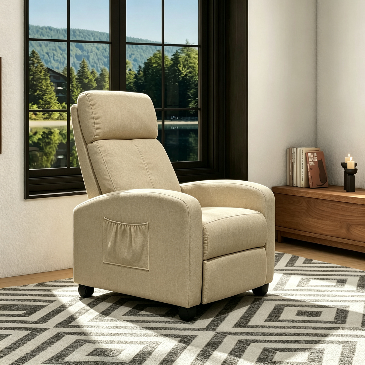 Beige Linen Push-Back Recliner with Padded Arms & Side Storage Pocket