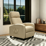 Beige Linen Push-Back Recliner with Padded Arms & Side Storage Pocket