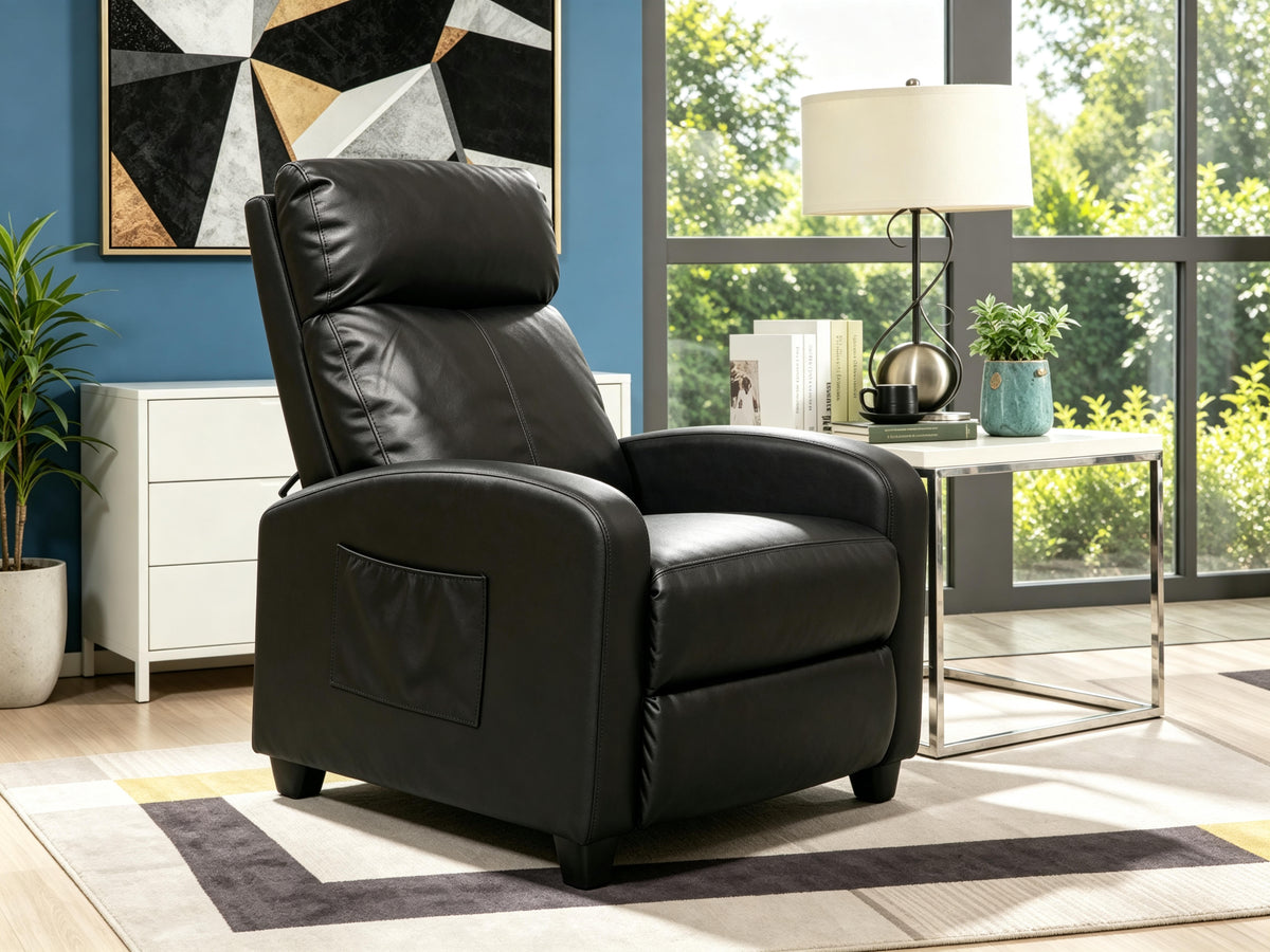Black Push-Back Recliner with Padded Arms & Side Storage Pocket