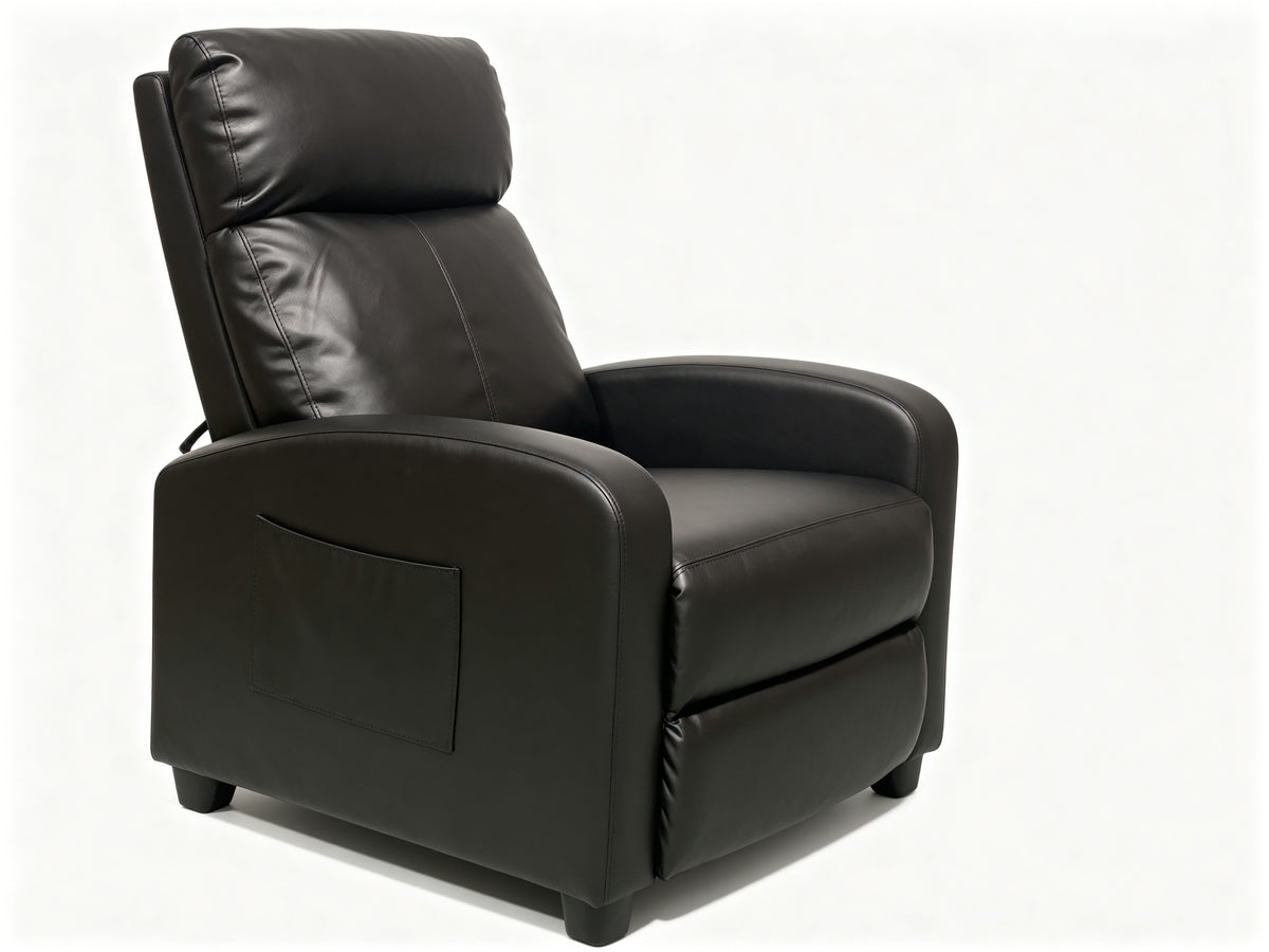 Black Push-Back Recliner with Padded Arms & Side Storage Pocket