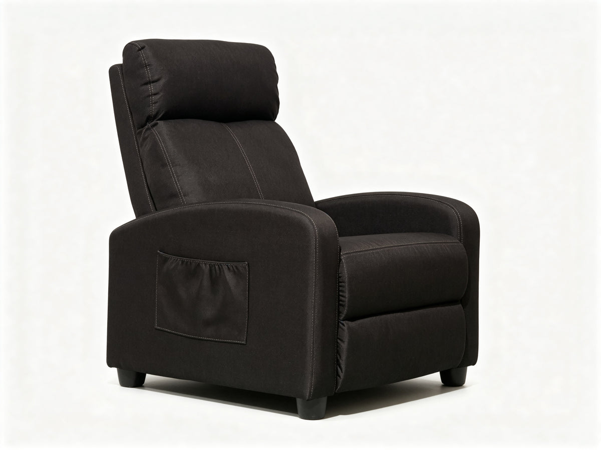 Black Linen Push-Back Recliner with Padded Arms & Side Storage Pocket