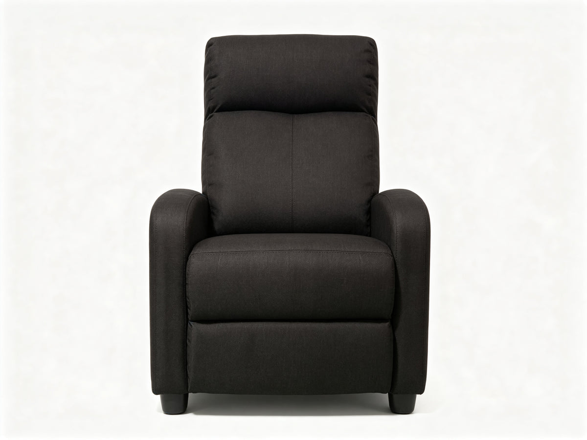 Black Linen Push-Back Recliner with Padded Arms & Side Storage Pocket